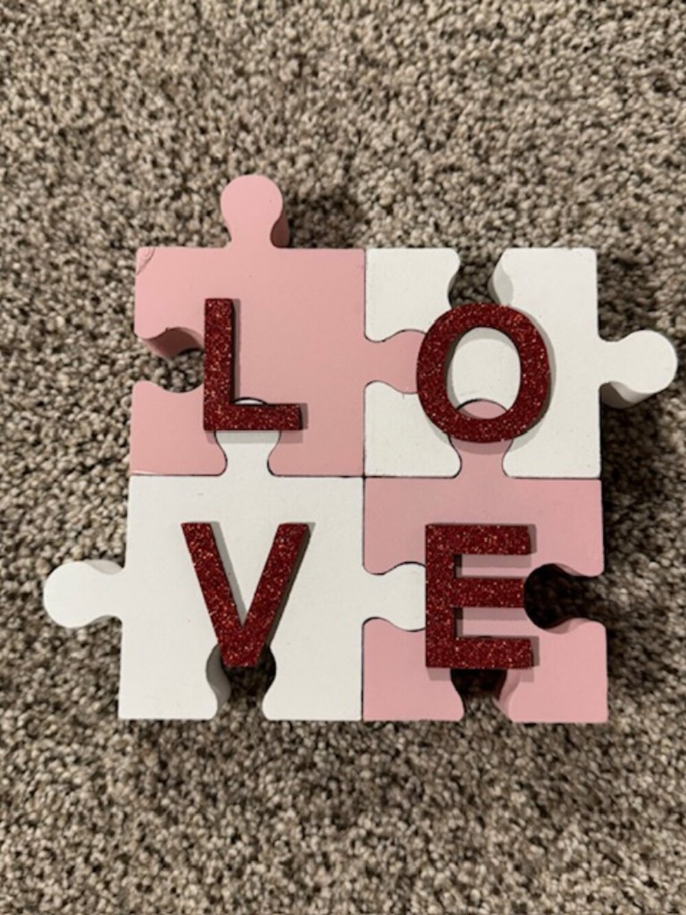 NWT Holiday Home "LOVE" Small Pink, White, and Red Glitter Puzzle Sign